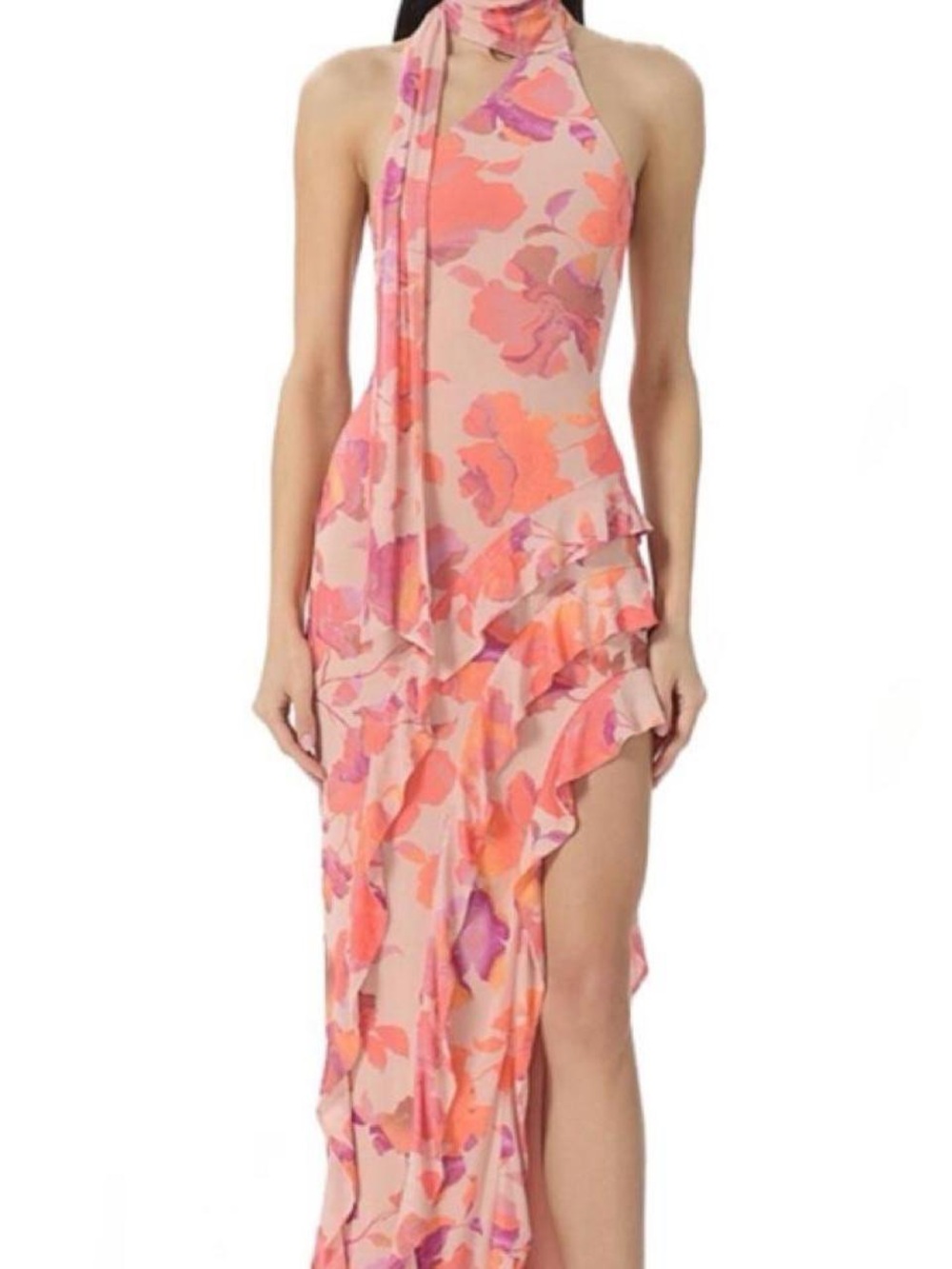 AFRM Pink Floral Halter High-Low Ruffle Maxi Dress